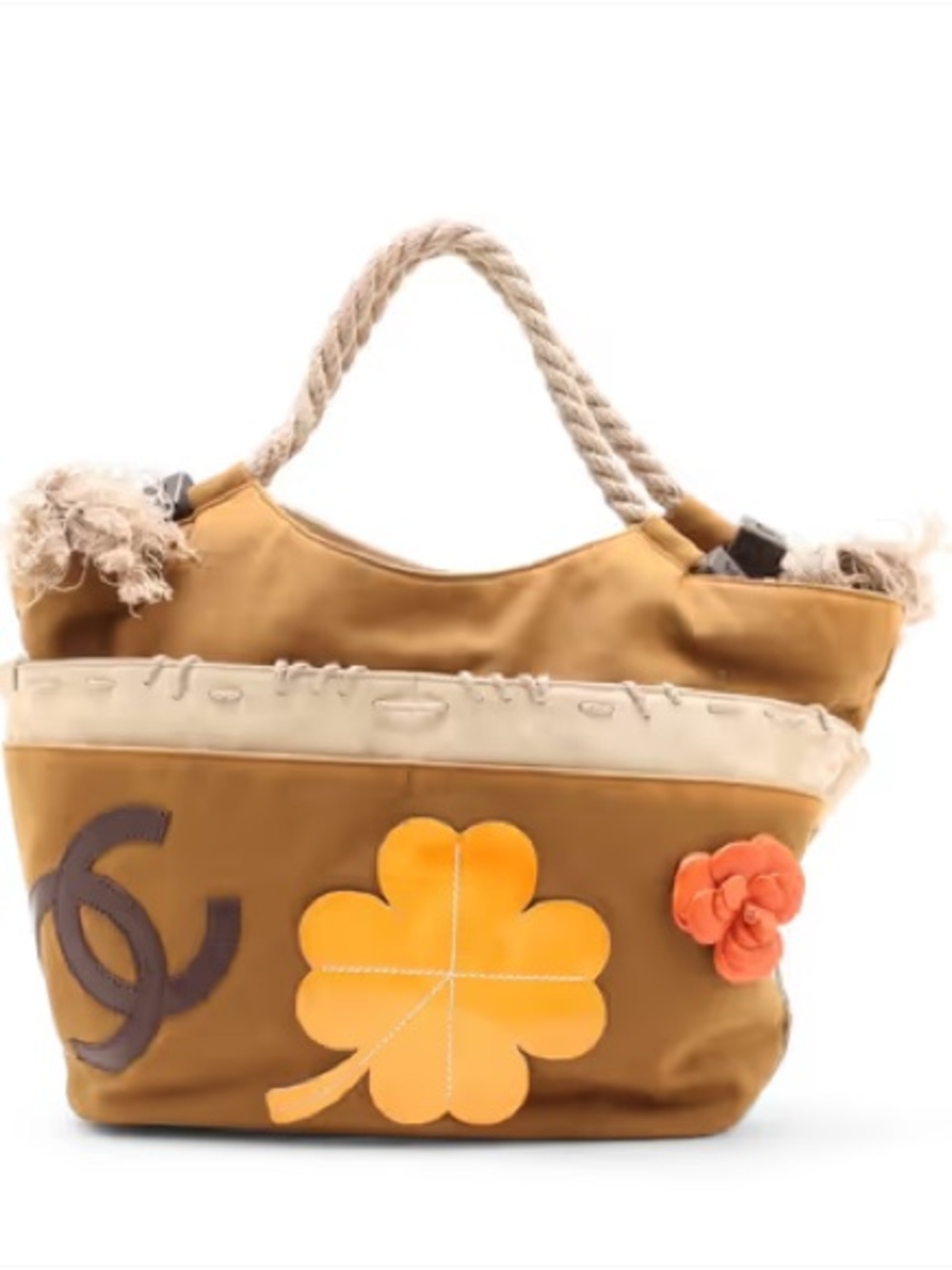 CHANEL Coco Mark Camelia Applique Handbag Tote Lucky Clover Khaki Brown - Picture 1 of 16